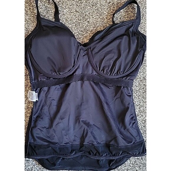 Swim Top Black 14 D Cup Wrap Front Tankini (L) Solid Underwire Lands' End S459 - Picture 5 of 7